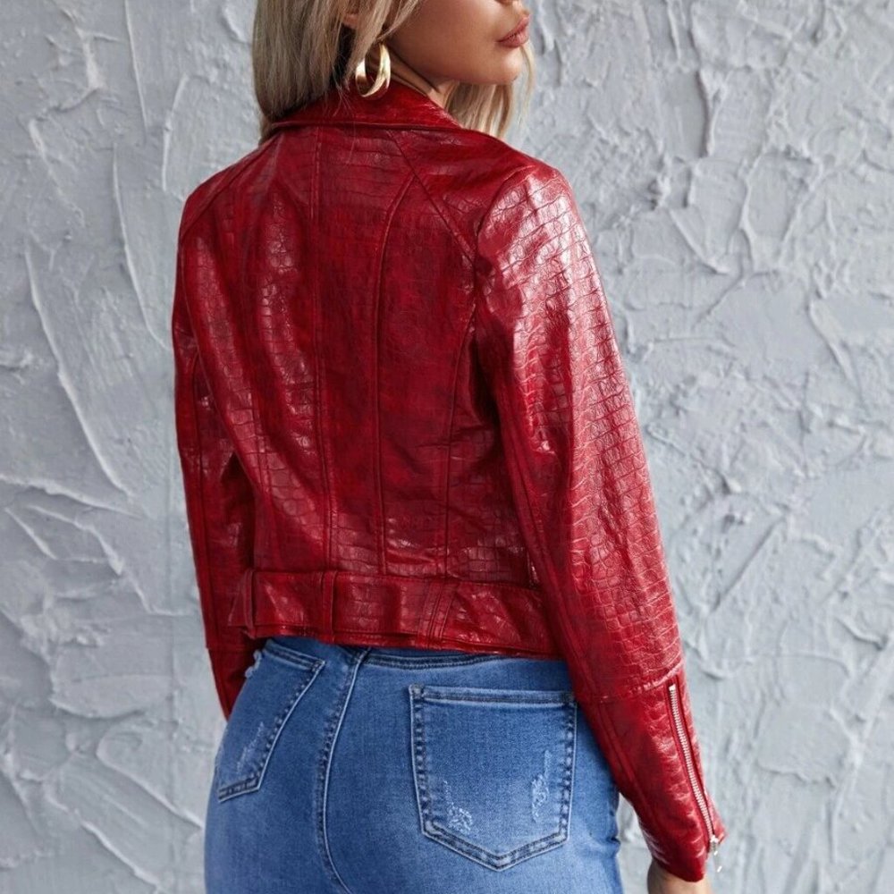 Burgundy Wine Red PU Leather Crocodile Zip Up Moto Jacket - Picture 5 of 6